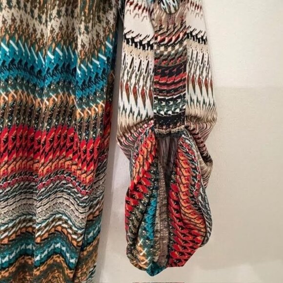 VeronicaM Retro Aztec Dress Sz S Drop Tie Waist Boho Comfort 3/4 Length Sleeve - Picture 4 of 9